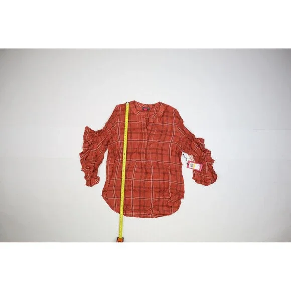 Vince Camuto Blouse Womens Medium Red Plaid Ruffle Sleeve Mood Indigo Apple Top - Picture 3 of 11